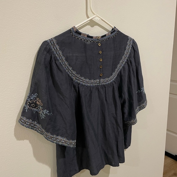 ZARA linen Floral Embroidered Blouse Oversized M Boho Festival Huipil Top Blue F - Picture 5 of 5